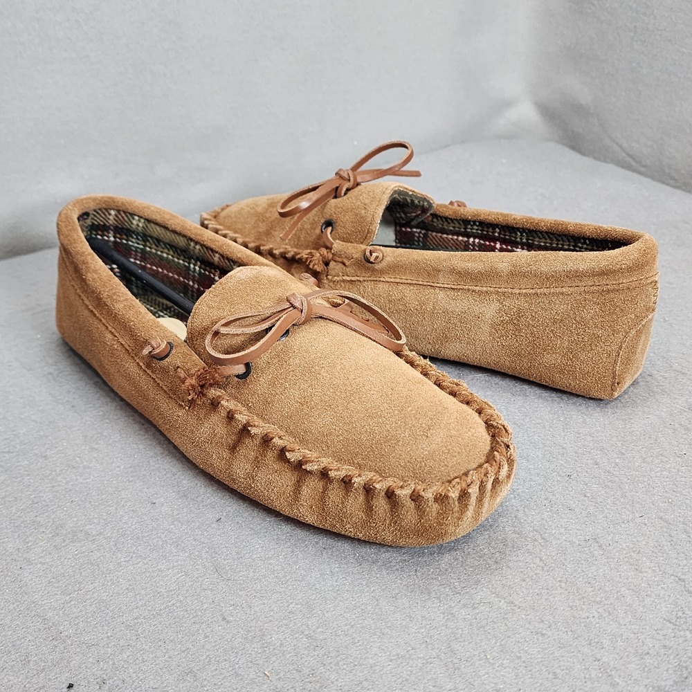 Isotoner Moccasin Slippers Tan Suede Plaid Flannel Lined Mens Size M 8-9